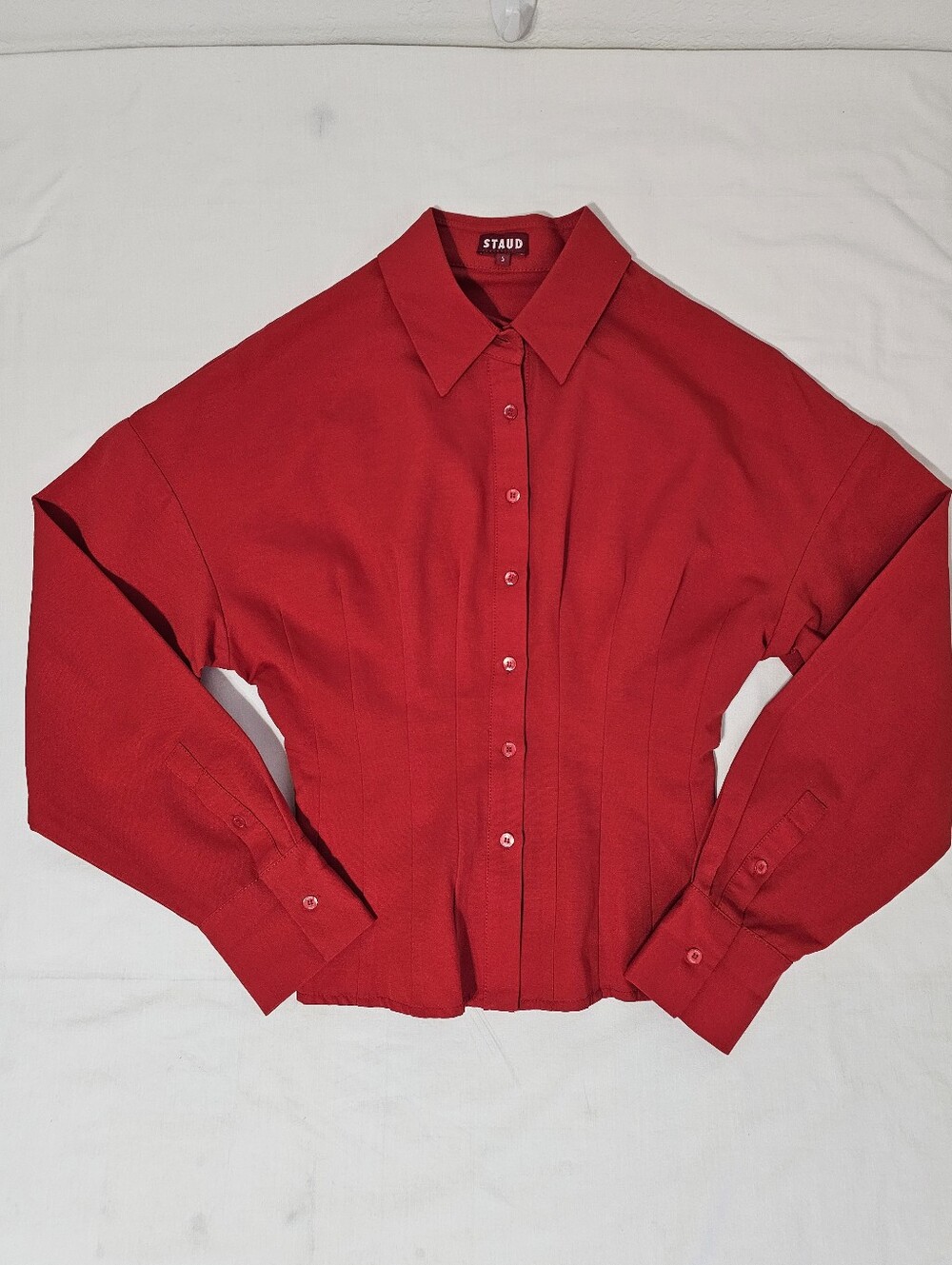 STAUD Red Structured Button Front Blouse Sz S Statement Collar Cinched Waist Top - Picture 2 of 9